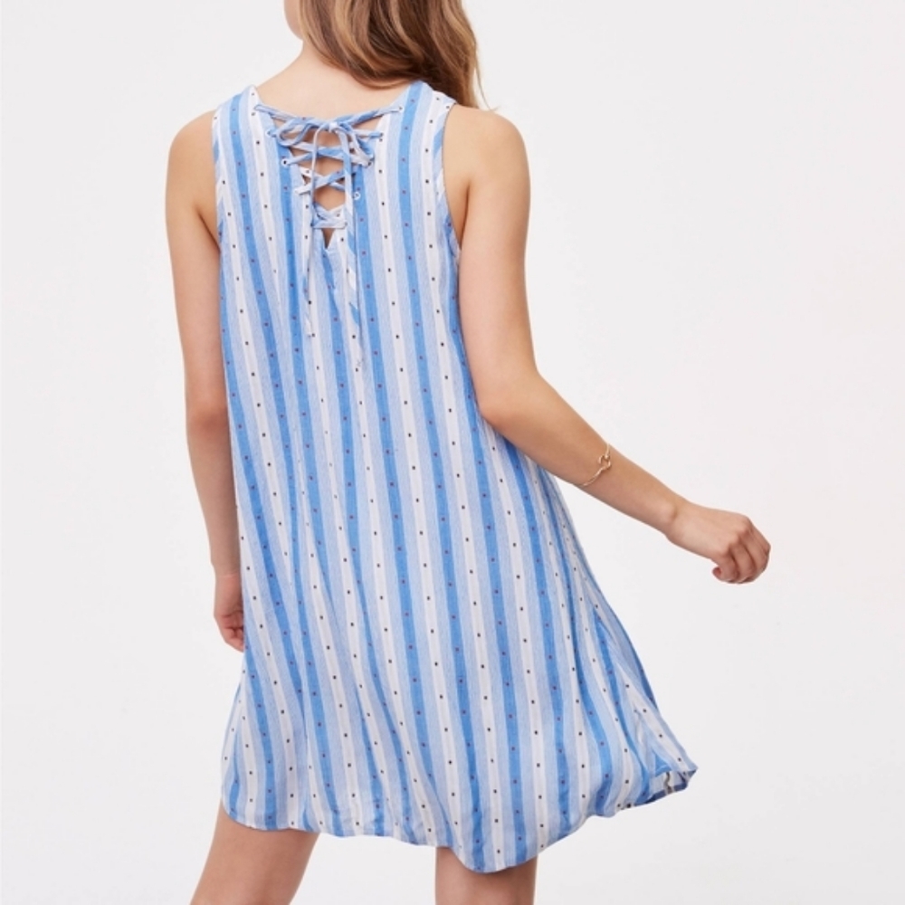 NEW LOFT lace up back swing dress blue white Wmn's Size S Sundress Tank Preppy